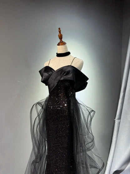 formaldressy -Black shiny elegant long sequined tulle Prom dress evening gown graduation dress gh5107