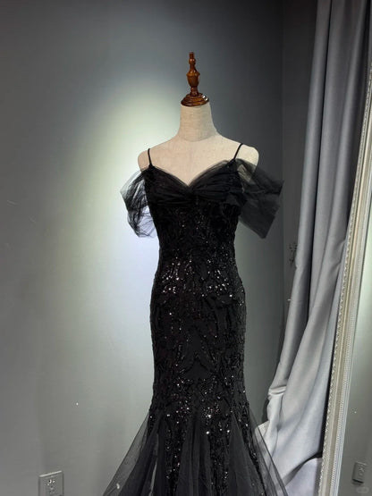 formaldressy -Black shiny mermaid long sequined ball gown evening dress graduation dress gh5112
