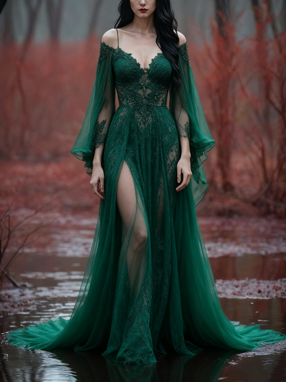formaldressy-Long Sleeves Long Tulle Floor-Length Train Retro Elegant Ball Gown Evening Dress gh5943