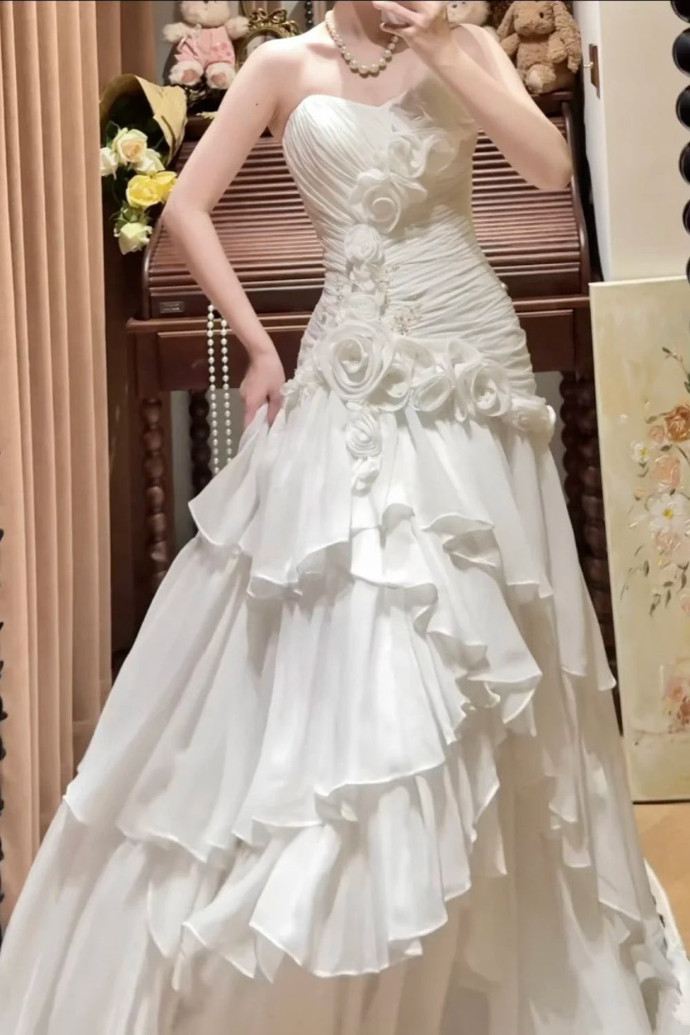 formaldressy-White Sweetheart Neckline Floral Long Tulle Princess Formal Prom Dress Graduation Dress Evening Dress Wedding Dress gh5976