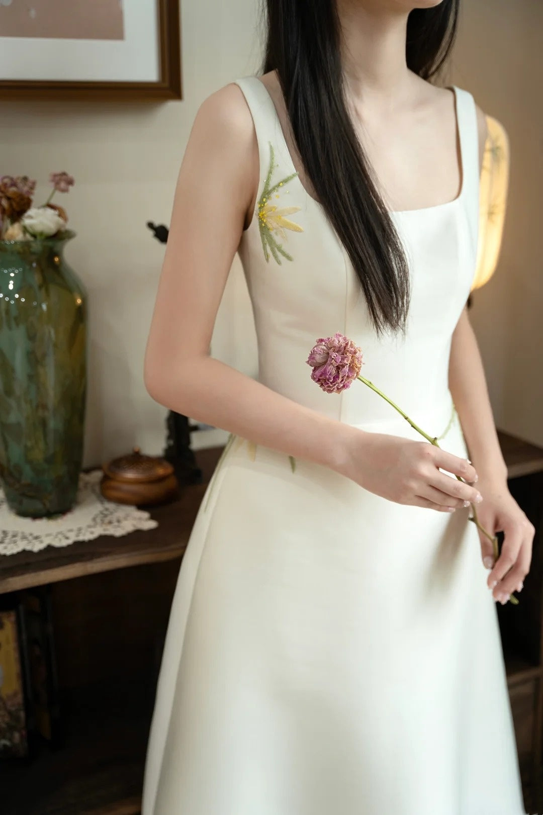 formaldressy- Vintage Beige Orchid Grass Embroidered Square Neck Midi Chinese Style Evening Gown gh6035