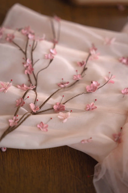 formaldressy- Vintage Peach Pink Plum Blossom 3D Embroidered Strapless Tulle Chinese Style Evening Gown gh6034
