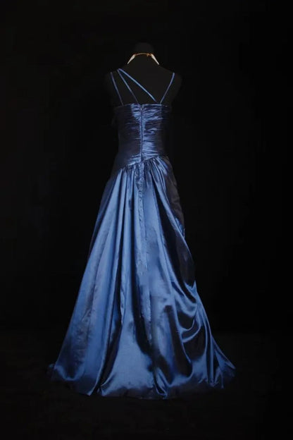 formaldressy-Navy Blue Satin Spaghetti Straps Floor-Length Sequin Beaded Big Bow Evening Gown gh6305