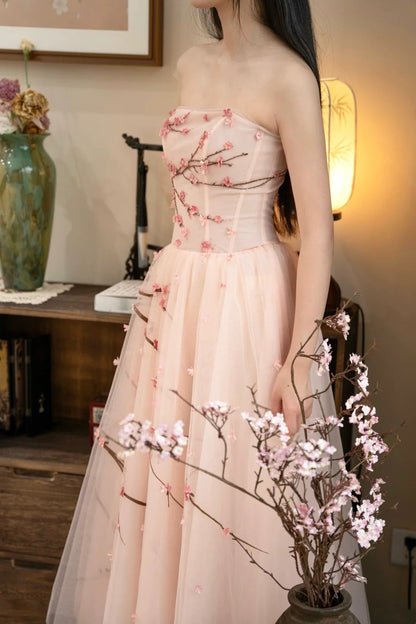 formaldressy- Vintage Peach Pink Plum Blossom 3D Embroidered Strapless Tulle Chinese Style Evening Gown gh6034