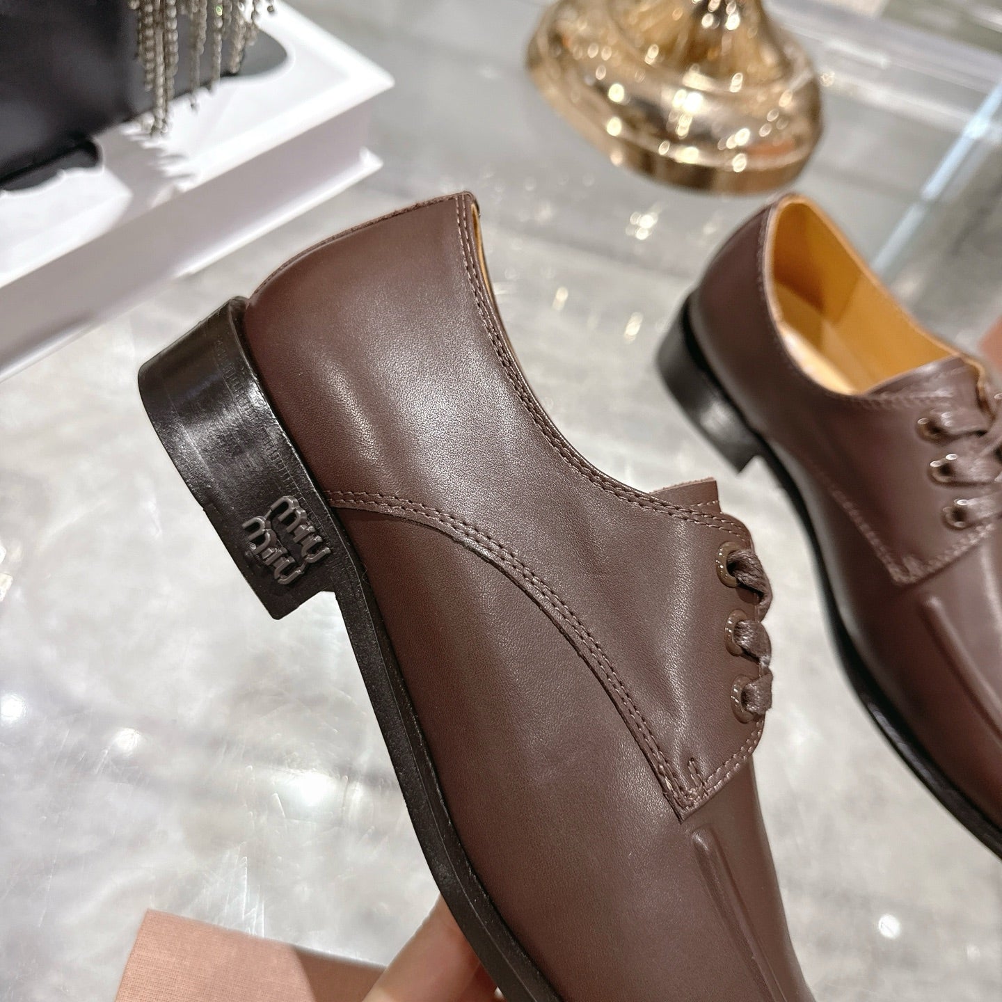 Miu Distressed Loafers Brown Cowhide 592058