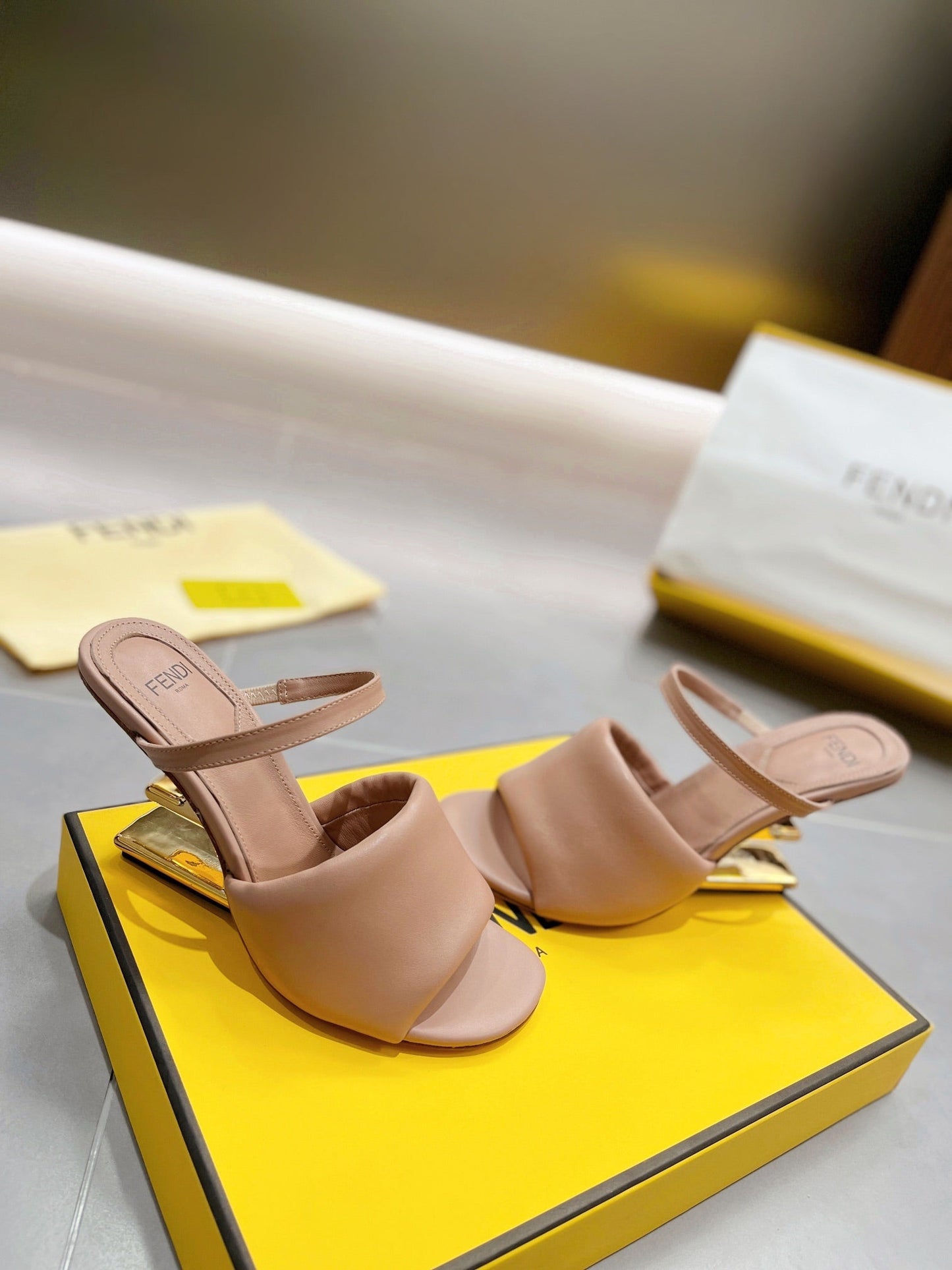 FENDI BAGUETTE HIGH-HEEL SANDALS 8 CM IN CAMEL BROWN CALFSKIN