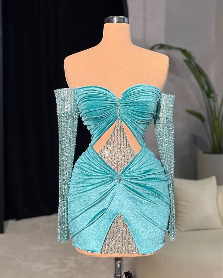 formaldressy-Blue exquisite beaded short velvet long sleeve homecoming dress birthday party dress gh5428