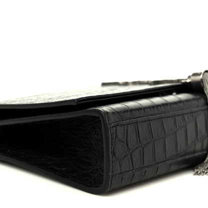 Calfskin Crocodile Embossed Medium Classic Monogram Kate Tassel Satchel Black