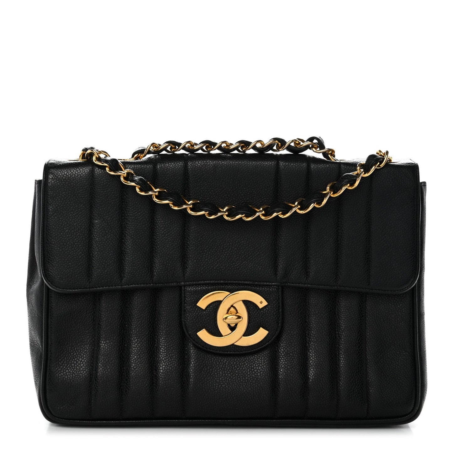 Caviar Vertical Quilted Small Single Flap Black