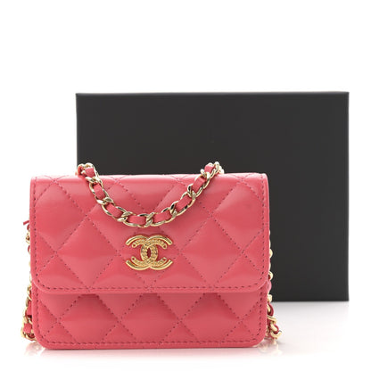 Shiny Lambskin Quilted Card Holder On Chain Pink