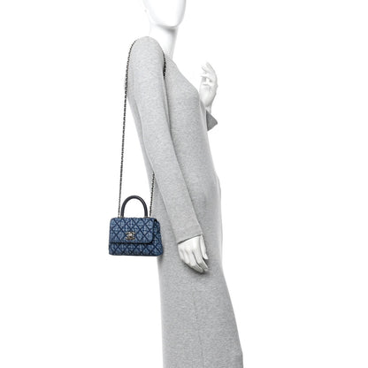 Washed Denim Quilted Coco Handle Clutch With Chain Blue