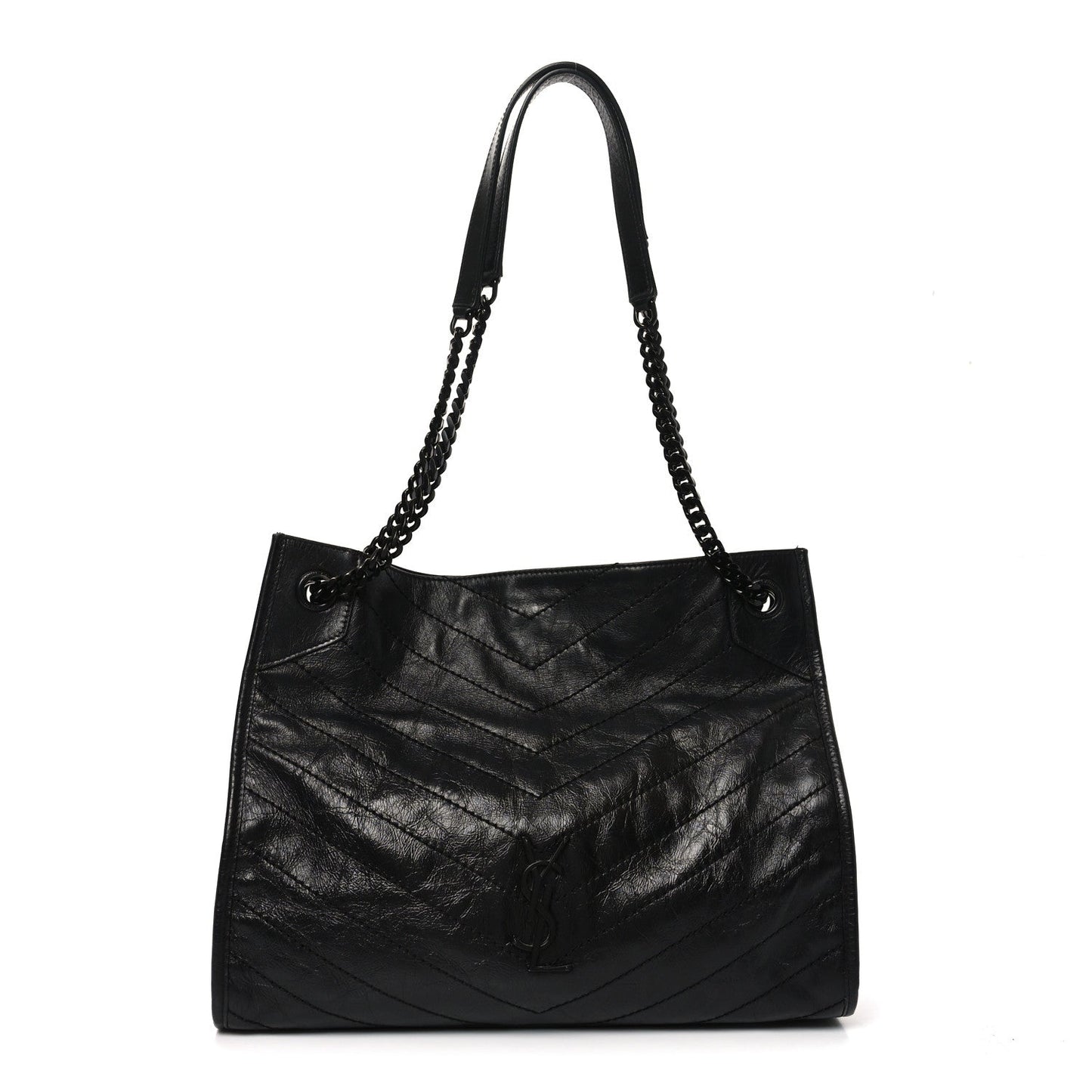 Crinkled Calfskin Matelasse Monogram Medium Niki Shopper Tote Black
