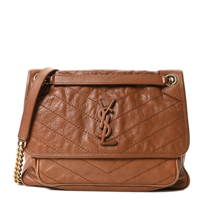 Crinkled Calfskin Matelasse Monogram Medium Niki Chain Satchel Caramel