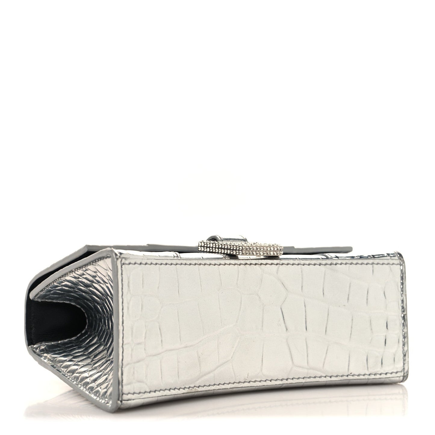 Metallic Calfskin Crocodile Embossed Crystal Hourglass Top Handle Bag XS Silver