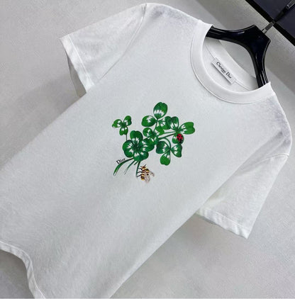 CD Fitted T-Shirt White Cotton Jersey with Green Dior Clover Motif