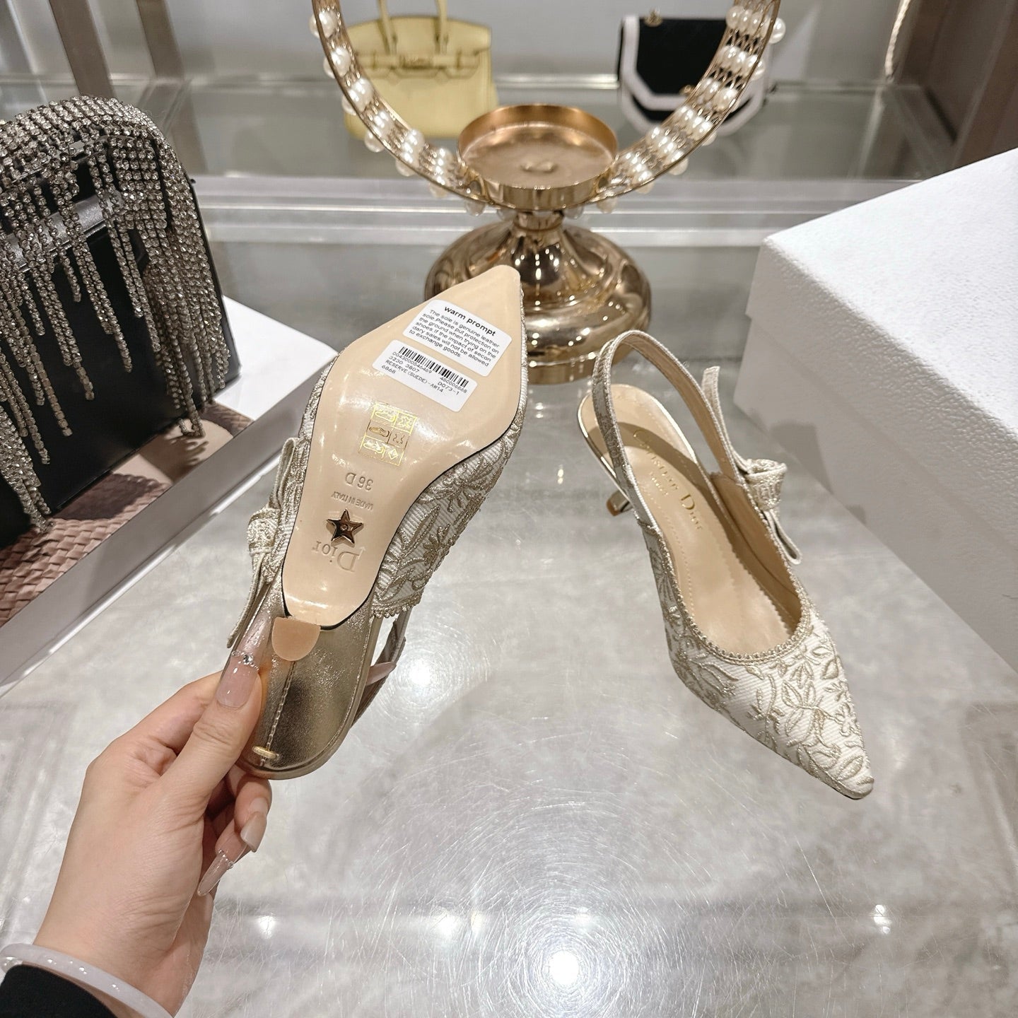 CC 26 Slingback Metallic Floral Embroidery 45mm Ivory Gold Tweed 592234