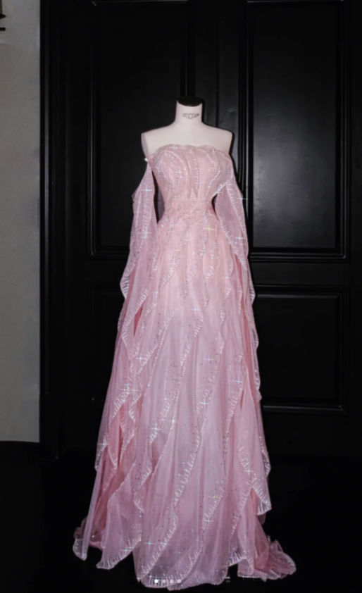 Sweet Strapless Sheath Long Prom Dresses Tulle Pink Evening Dresses cg26123