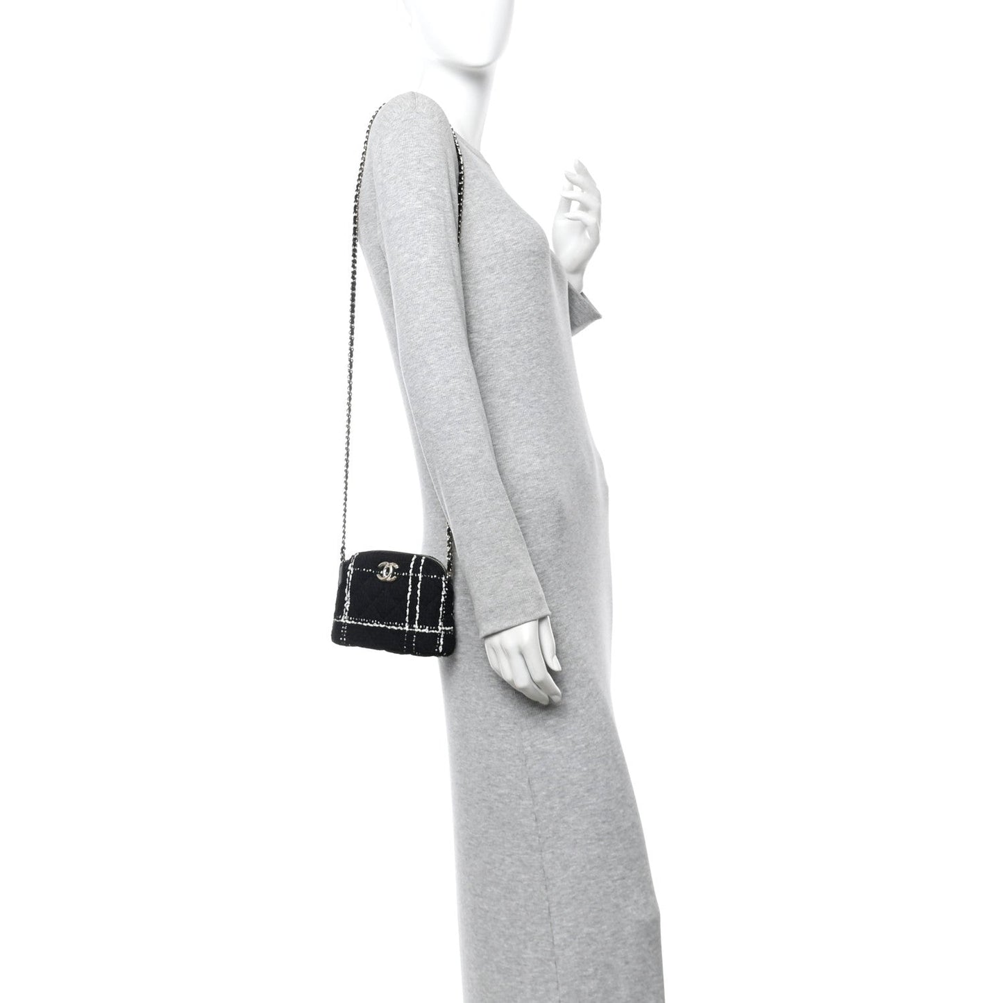 Tweed Quilted Mini Clutch With Chain  Black White