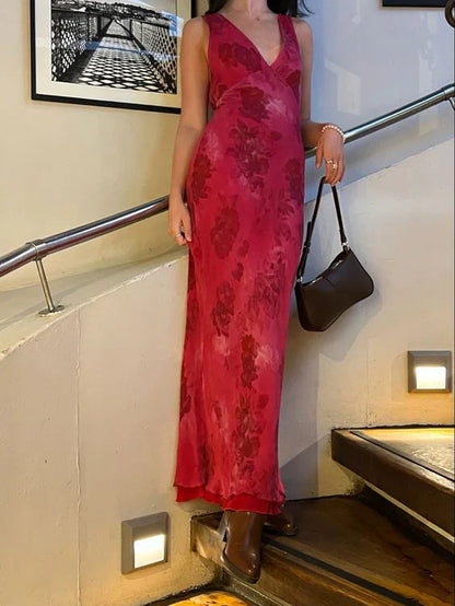 Elegant V-Neck Rose Print Dress Women Sleeveless Evening Party Vintage Evening Dress  cg25380