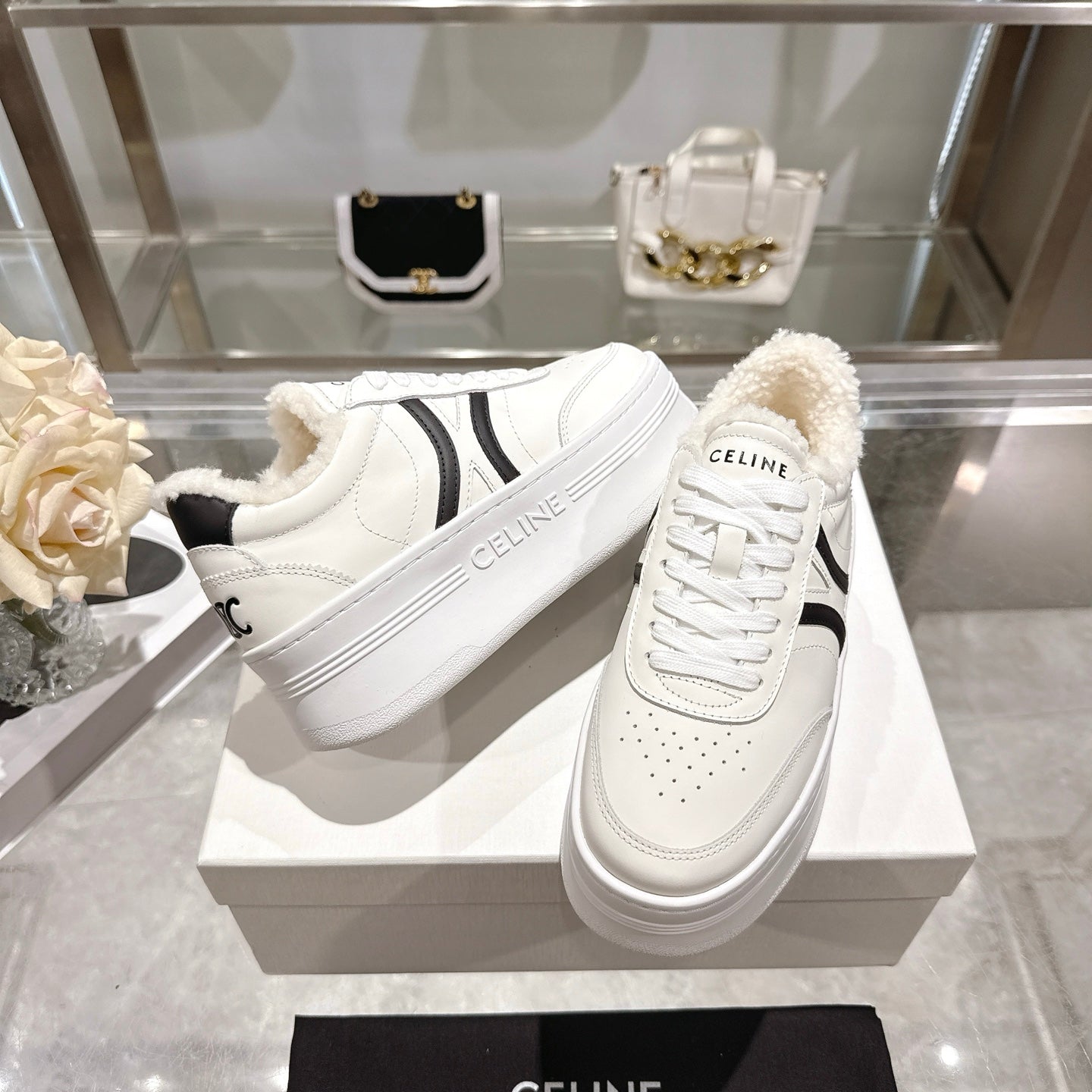 Celine Block Triomphe Leather Wedge Sneakers 50mm Black White Calfskin Fur