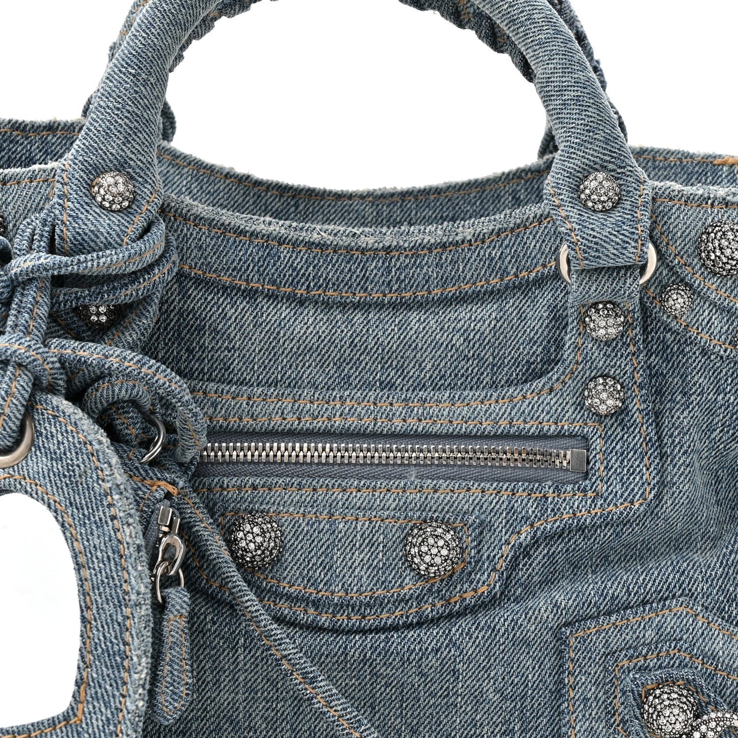 Washed Frayed Denim Crystal Neo Cagole Handbag XS Blue