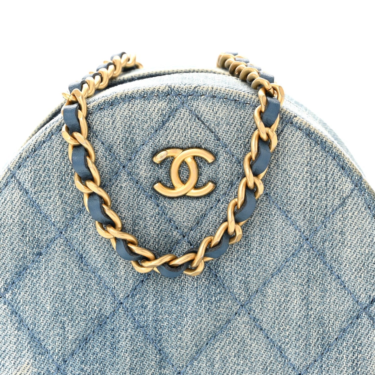 Denim Quilted Round Pearl Crush Clutch With Chain Blue