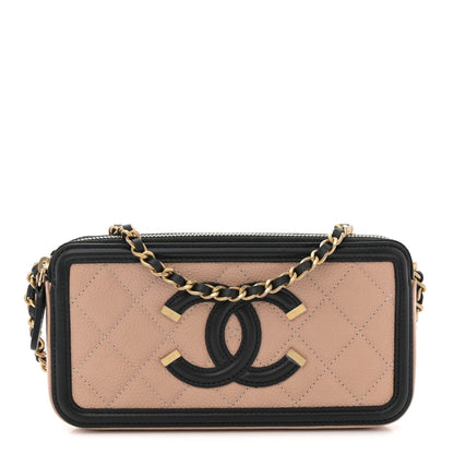 Caviar Quilted CC Filigree Clutch With Chain Beige Black