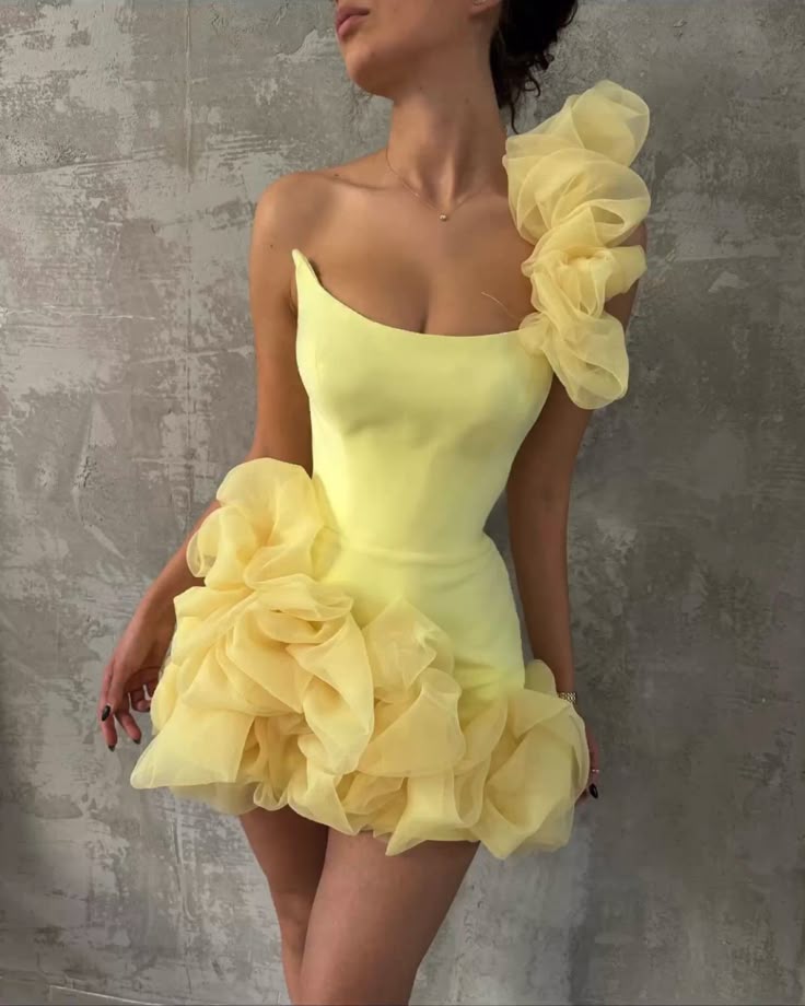 formaldressy-Yellow one-shoulder fashion sweet bud skirt short chiffon homecoming dress birthday dress gh5269