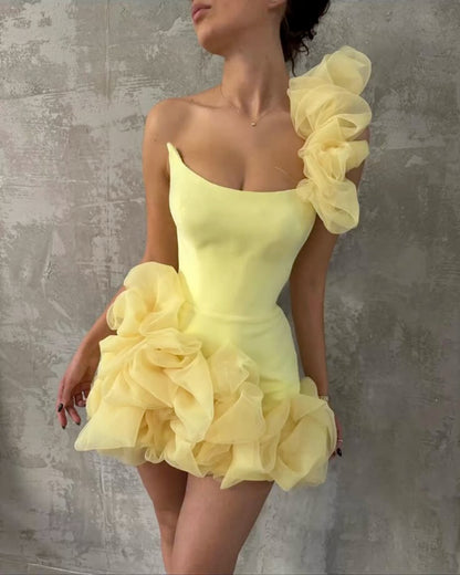 formaldressy-Yellow one-shoulder fashion sweet bud skirt short chiffon homecoming dress birthday dress gh5269