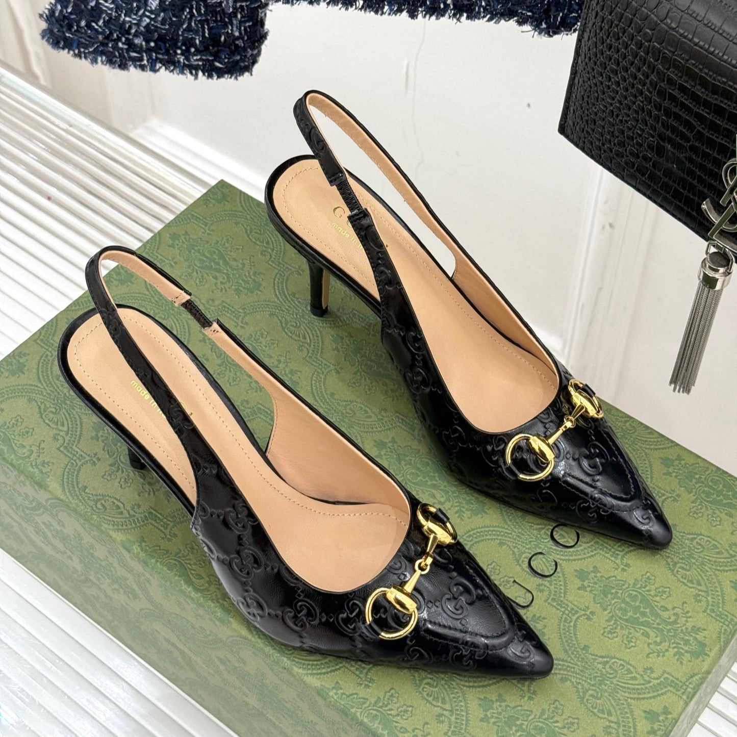 GG Horsebit Slingback 85MM Black GG Leather Point Toe