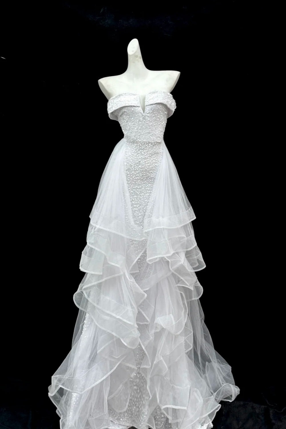formaldressy--White shimmery long tulle ruffled wedding dress prom dress gh5473