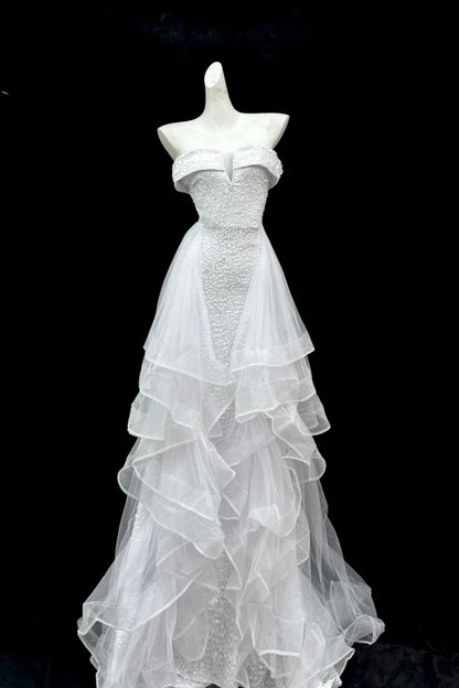 formaldressy--White shimmery long tulle ruffled wedding dress prom dress gh5473