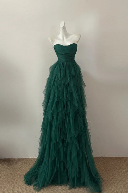 formaldressy--Green fashionable long tulle ruffle prom dress gh5474