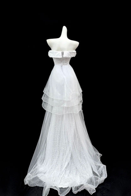 formaldressy--White shimmery long tulle ruffled wedding dress prom dress gh5473
