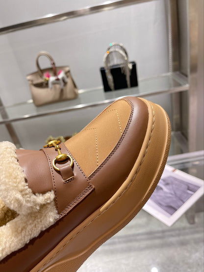 GG Snow Boots Brown Beige Calfskin Wool 576244