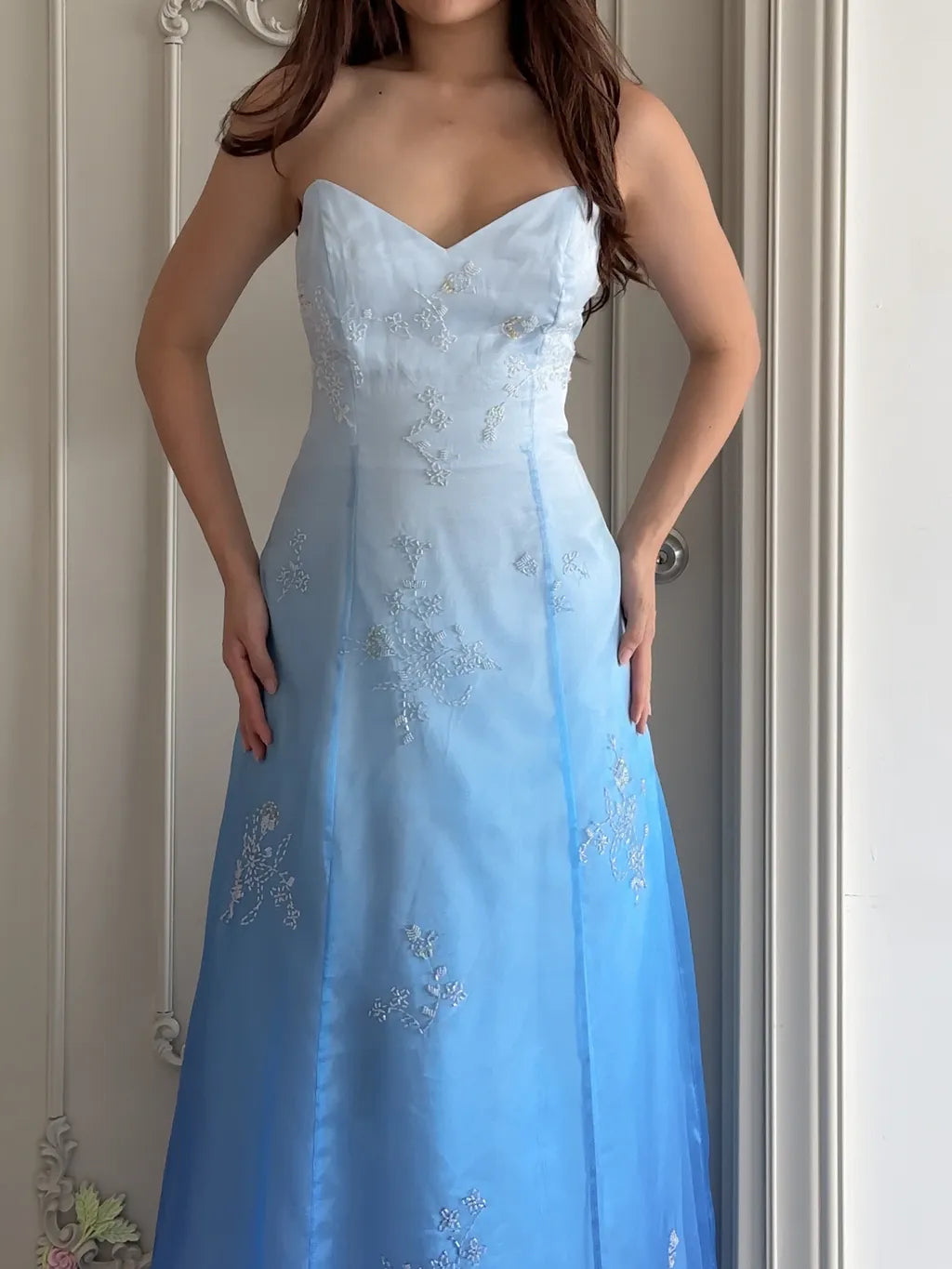 formaldressy--Blue and white exquisite floral fashion gradient tube top long floor-length ball gown graduation dress gh5515