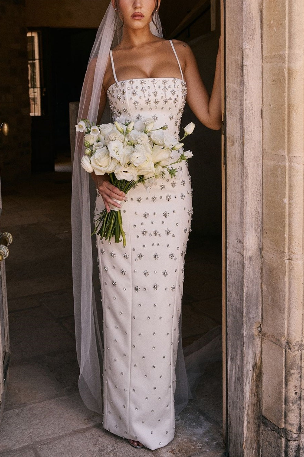 formaldressy-Ivory white mid-length satin exquisite beaded prom dress wedding dress evening dress gh5744