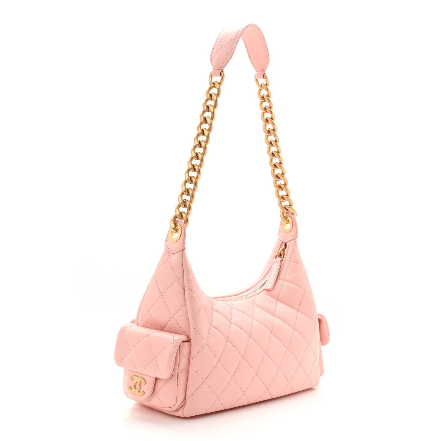 Shiny Lambskin Quilted Trendy Pockets Hobo Light Pink