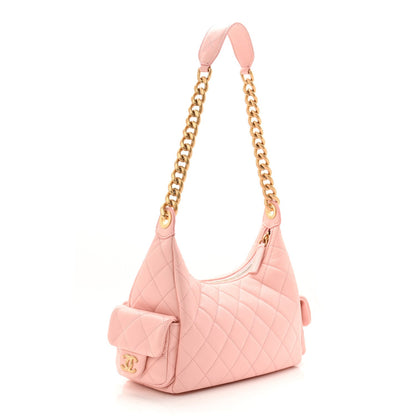 Shiny Lambskin Quilted Trendy Pockets Hobo Light Pink