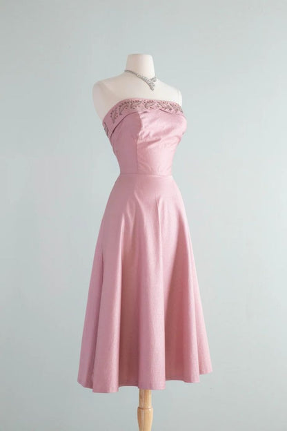 formaldressy--Pink Beaded Satin Midi Prom Dress gh5617