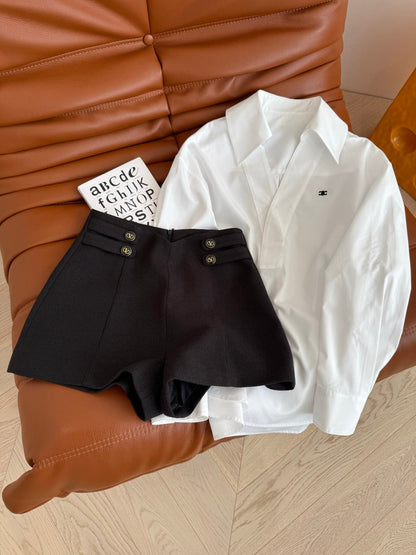Celine 25 Arc de Triomphe Logo Embroidered V-neck Shirt White Cotton