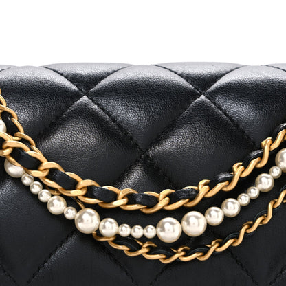 Shiny Lambskin Quilted Pearl Twist Mini Square Flap Black