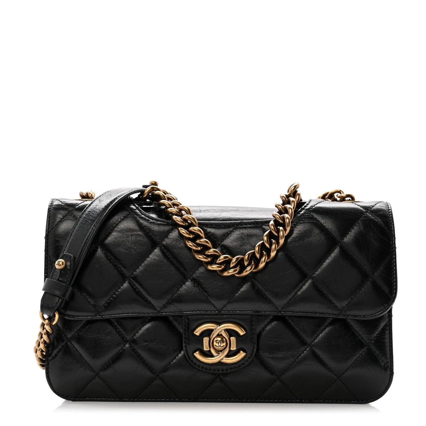 Glazed Calfskin Quilted Medium Perfect Edge Flap Black