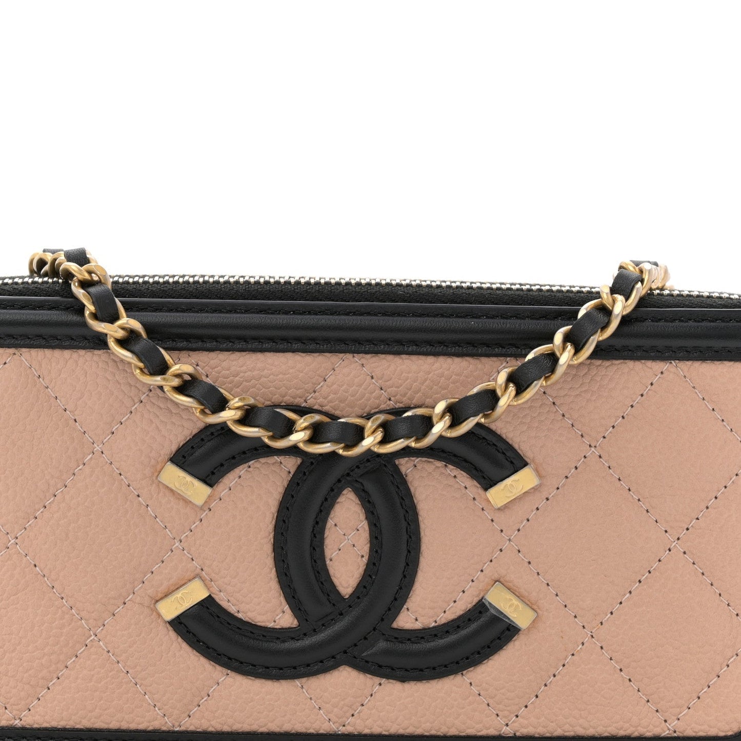 Caviar Quilted CC Filigree Clutch With Chain Beige Black
