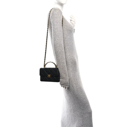 Shiny Calfskin Quilted Mini Metal Top Handle Flap Black
