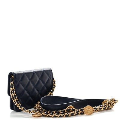 Caviar Quilted Twist Your Buttons Coin Purse With Chain Navy