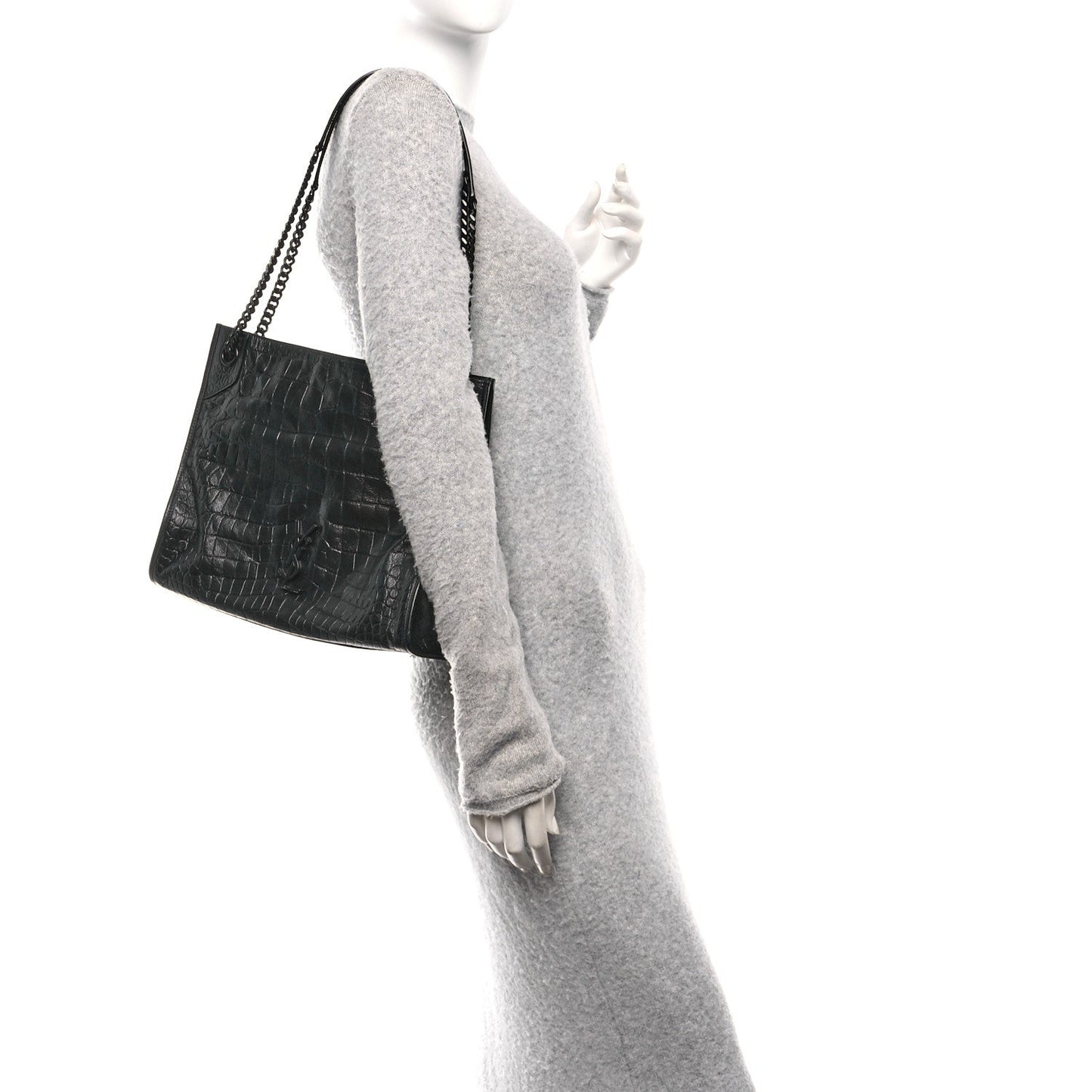 Calfskin Crocodile Embossed Monogram Medium Niki Shopping Bag Black