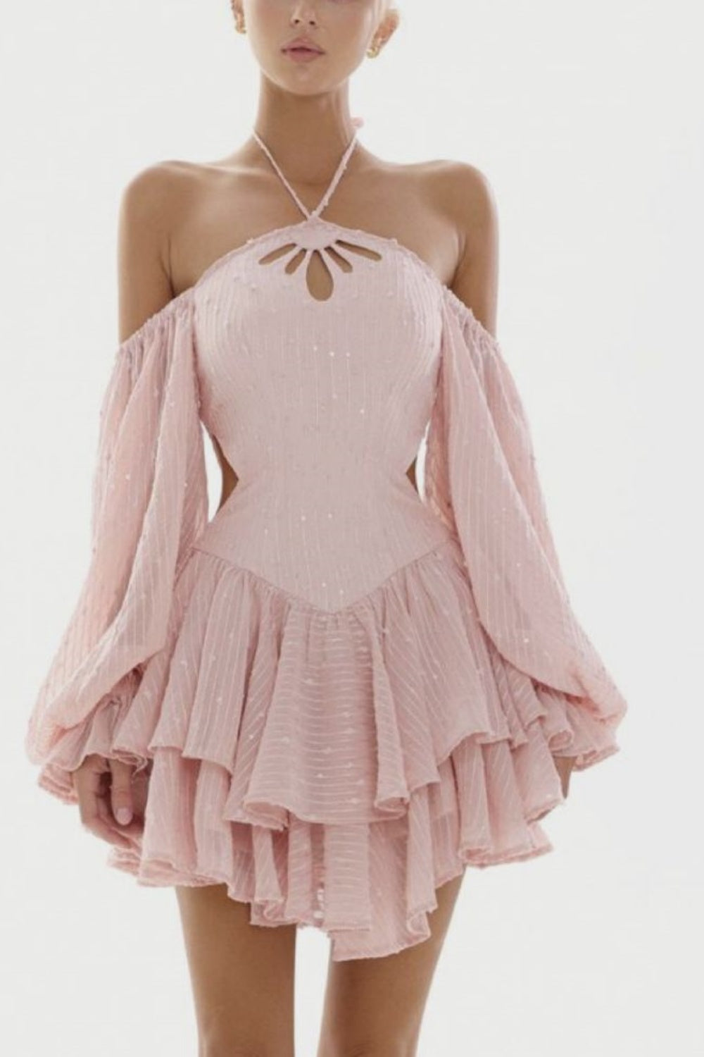 formaldressy-Pink Sweet Long Sleeve Short Chiffon Ruffle Homecoming Dress gh5334