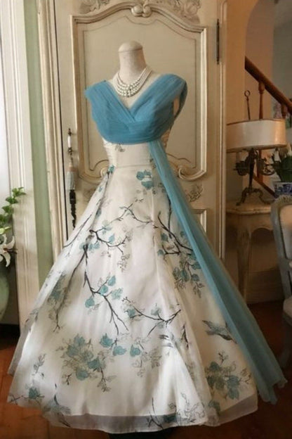 formaldressy-Blue Vintage Floral Long Tulle Ball Gown Wedding Dress gh5834