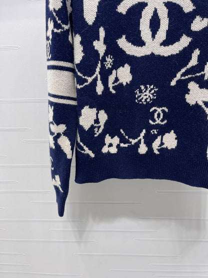 CC Double C Floral Jacquard Long-Sleeved Sweater Navy Blue Cashemere 344097